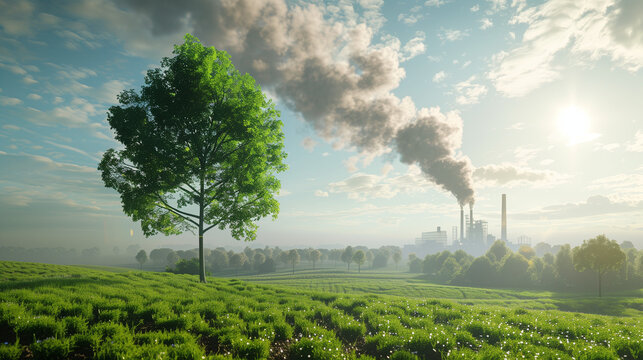 A tree and a meadow with clean air with a factory emitting pollutants and its impact on climate change. Dramatic contrast between natural landscapes and the negative effects of industrial activities.