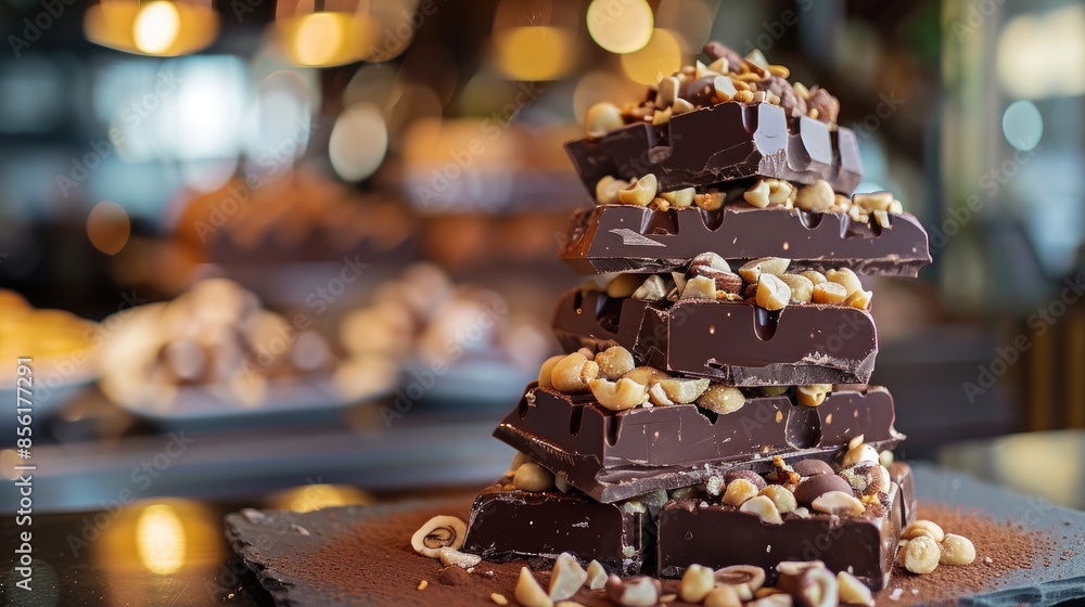 Poster chocolate bars and a chocolate tower displayed on a table with a mixture of nuts and swirls of choco