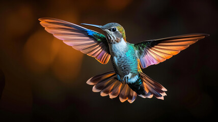 Obraz premium Hovering hummingbird spreads iridescent wings in mid air, AI Generative.