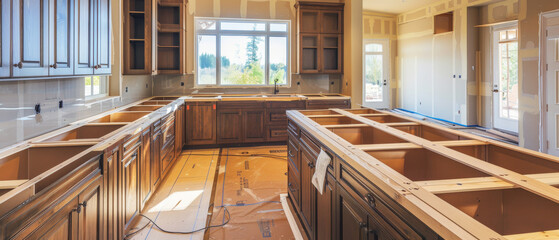 A kitchen in mid-renovation, with wooden cabinets and drawers exposed, bathed in natural light streaming through large windows.