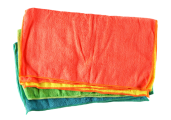 Group colorful microfiber cloths isolated on white, top view