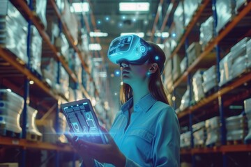 Woman using VR in modern warehouse