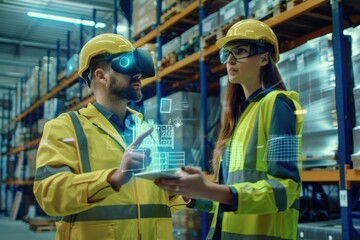 Warehouse workers with digital tablet interface