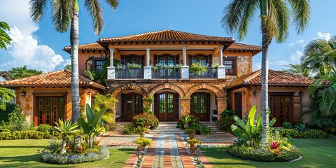 Obraz premium facade of a beautiful house with a front garden of palm trees short grass and tropical plants.stock illustration