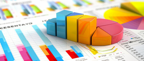 Fototapeta premium Various colorful 3D pie charts and graphs spread across documents, representing diverse financial data, analysis, and statistical information.