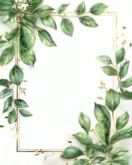 Elegant green leaf border frame with white background, perfect for invitations, greeting cards, or botanical designs.