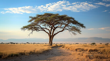 Obraz premium Lonely acacia tree stands on arid African plain, AI Generative.