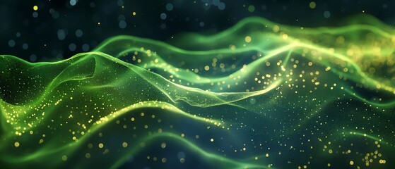 A green wave with gold specks in the water. Digital particles wave and light abstract background