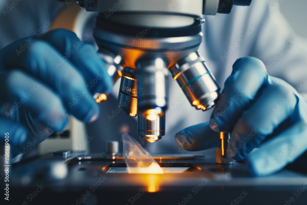 Aufkleber scientist using high resolution microscope to analyze solar cell material in modern laboratory