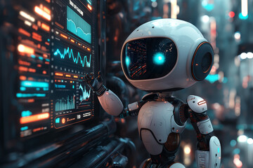 AI & The Future of Finance: A robot meticulously analyzes market data, predicting financial outcomes with pinpoint accuracy. Human limitations are transcended in this new age of intelligent investing.