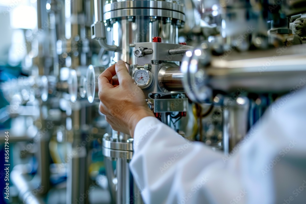 Poster scientist's hand adjusting biofuel reactor in advanced laboratory setting for precision technology