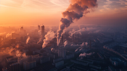 Air pollution background for a presentation or an advertisement. Factory industrial estate release toxic fumes out to cover a town in red color tone.