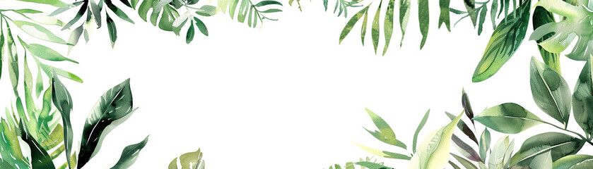 Tranquil watercolor backdrop featuring an assortment of green plants and leaves, ideal for wedding stationery, environmental themes, or serene decoration. Copy space in the middle.