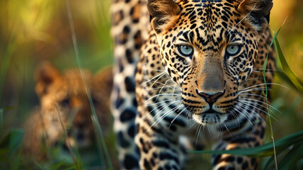 Majestic big cat walking in the African wilderness, AI Generative.