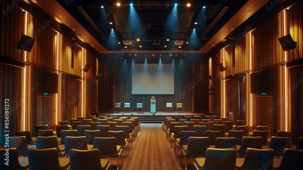Aufkleber an empty auditorium with a stage and rows of seats. the stage has a large screen and a podium with a