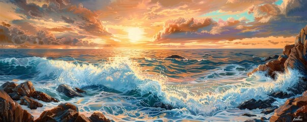 Sunset seascape with crashing waves and rocky cliffs, panoramic view. Nature beauty and tranquility...