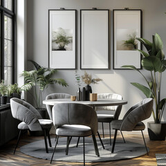 Fototapeta premium 30x45cm blank poster frame on the wall, black thin square picture frames, interior design of a modern dining room, white walls, minimalist style with a wooden floor and a round table with chairs.