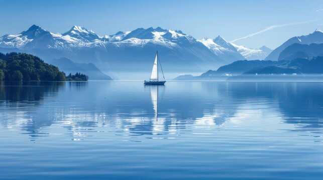 A peaceful scene of a sailboat drifting lazily on a glassy lake surface, with the surrounding snow-capped mountains mirrored in the calm waters.