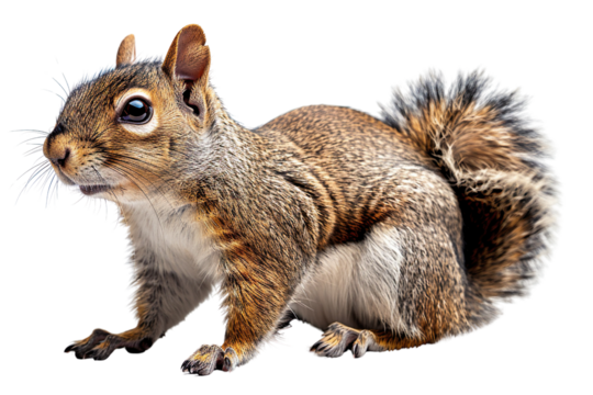 View from side of squirrel isolated on white background, transparent background