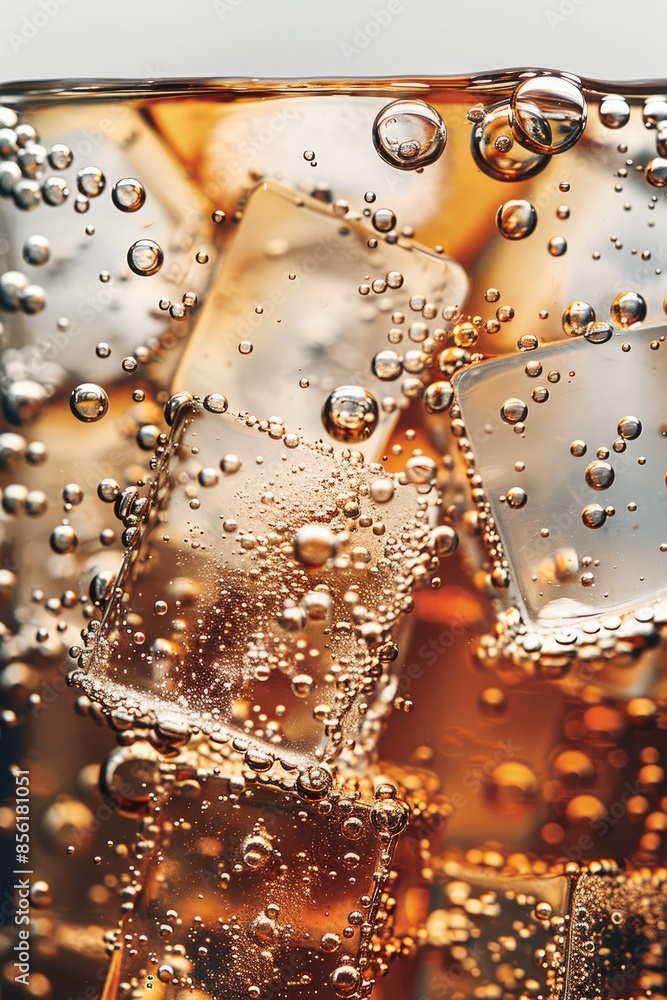 Poster Closeup of the liquid and ice cubes in cola, with bubbles forming on top. The background is a white and gray gradient. Generative AI.