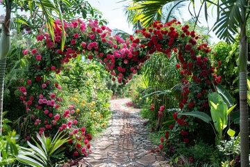 Beautiful rose arches and garden paths in a tropical exotic botanical flower park with red roses