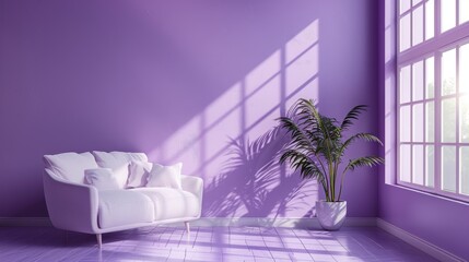 A minimalist living room with a soothing violet color scheme, featuring clean and simple furniture that creates a sense of calm and tranquility. The image provides plenty of copy space for