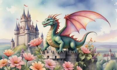 Fototapeta premium Vibrant dragon with colorful wings soars over a fairytale castle with conical towers, surrounded by blooming flowers, under a beautifully painted sunset sky