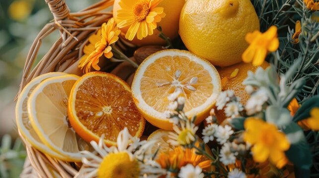Arrangement of honey lemon slices orange slices dried calendula flowers whole lemon and powdered spices in a basket