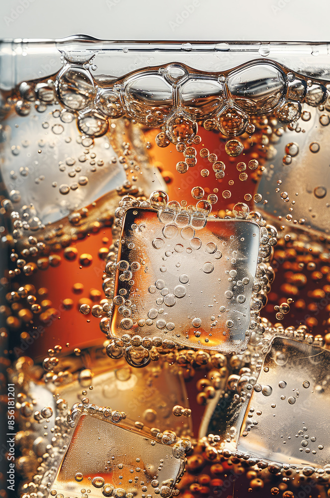 Poster Closeup of the liquid and ice cubes in cola, with bubbles forming on top. The background is a white and gray gradient. Generative AI.