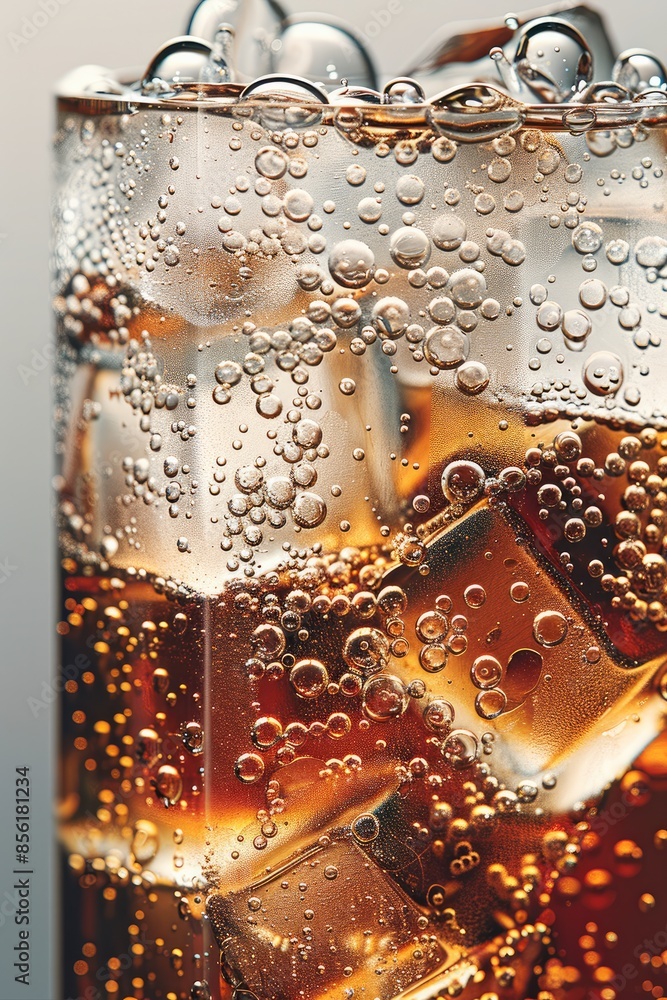 Poster Closeup of the liquid and ice cubes in cola, with bubbles forming on top. The background is a white and gray gradient. Generative AI.