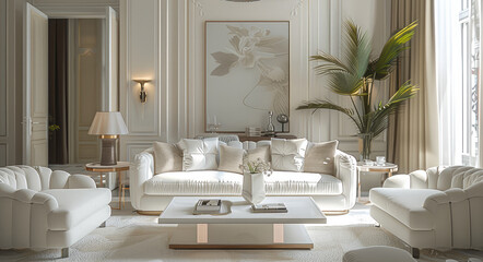 A sophisticated and luxurious living room design with a white canvas backdrop, Adorned with plush furnishings and elegant decor accents, Modern classic style. Generative AI.