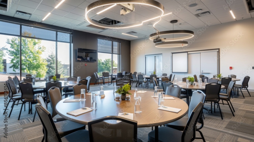 Poster a bright meeting room with round table and chairs by a window overlooking trees. modern design featu