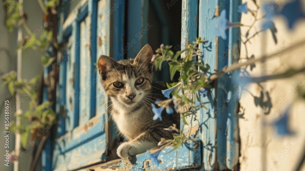 Wall mural Cat sitting on the window of a blue house with blue shutters and flowers.