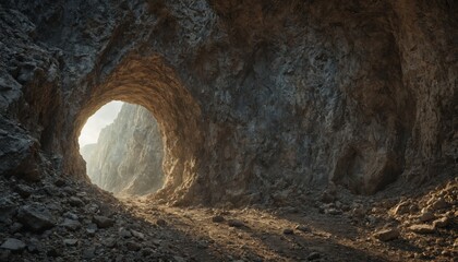 Tunnel entrance in a rocky cave, with sunlight shining through. Rough cave walls and vegetation along the path to the tunnel
