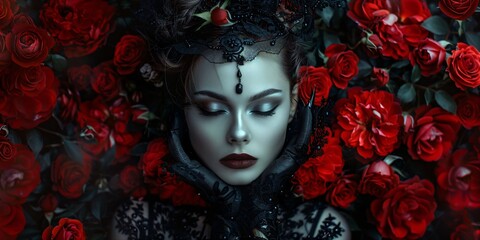 pale gothic style woman surrounded by red roses