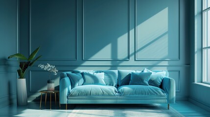 A sophisticated living room featuring a rich cyan color palette, with minimalist furnishings and a clean, uncluttered layout. The image offers ample copy space for adding text or graphics.