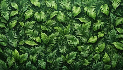Close-up view of various tropical leaves, creating a dense and lush green pattern