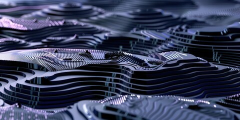 A topographic map of a virtual world, where geometric shapes and patterns create a visually striking landscape reminiscent of futuristic cityscapes. 