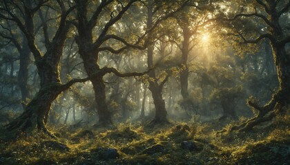 Dawn sunlight filtering through a dense forest canopy. The magical light highlights the ancient trees and lush undergrowth