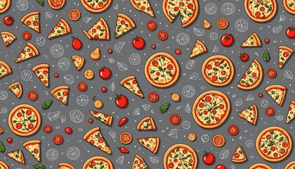 Playful cartoon pattern featuring pizza slices, whole pizzas, and tomatoes on a gray background