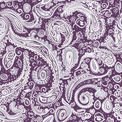 Intricate white paisley seamless pattern on purple background evoke classic yet modern aesthetic suitable for fabric, wallpaper, and various design projects. perfect for adding elegant touch.