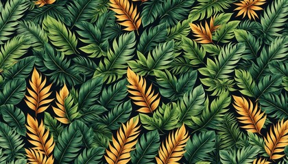 Naklejka premium Close-up of tropical leaf pattern with vibrant green foliage and touches of yellow. Detailed textures create lush, inviting visual