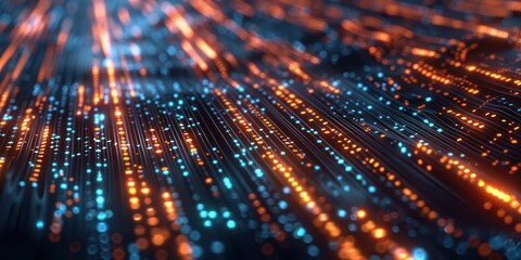 An abstract digital composition depicting a matrix of data nodes interconnected by glowing lines, creating a visually stunning representation of modern technological infrastructure. 