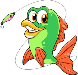 Cute Fish Cartoon Character Catching The Fishing Lure. Vector Hand Drawn Illustration Isolated On Transparent Background