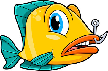 Cute Fish Cartoon Character With Fishing Hook In Mouth. Vector Hand Drawn Illustration Isolated On Transparent Background