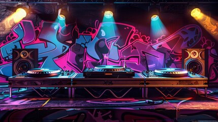 A DJ setup with three turntables and speakers in front of a graffiti wall. Colorful lights...