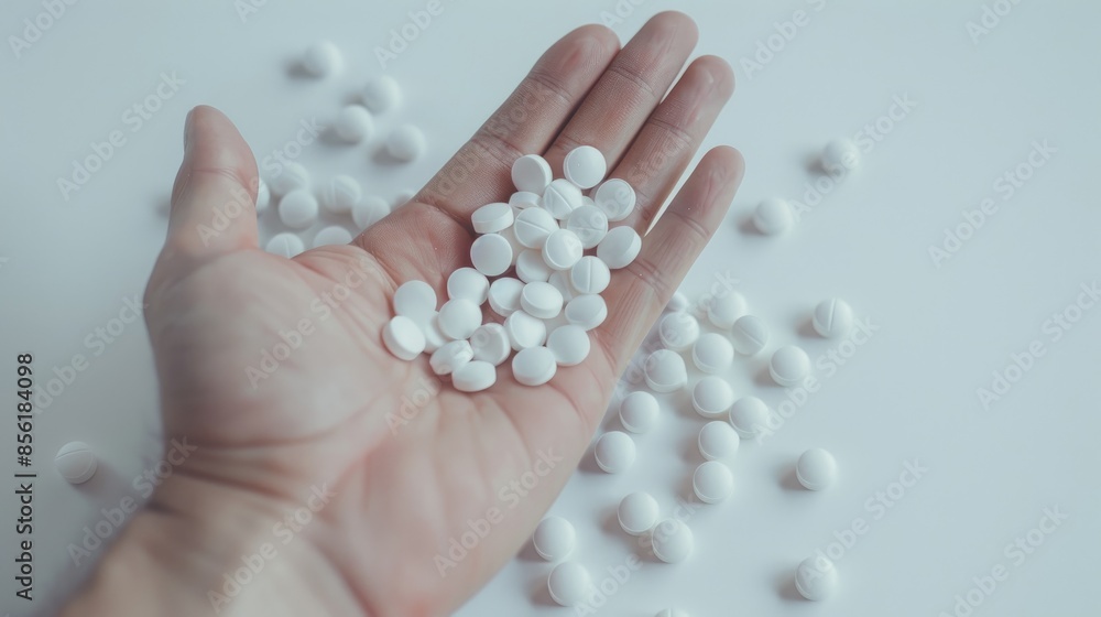 Sticker white pills in hand on white background mockup