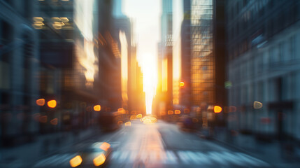 Obraz premium Blurred background of city street with office buildings with sunset and bokeh lights, urban life concept.