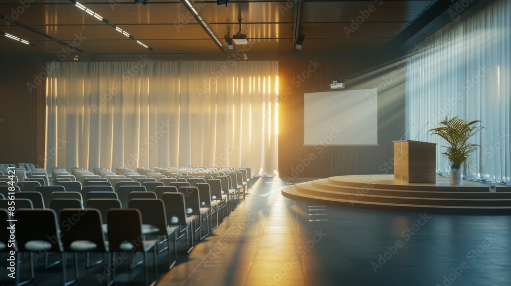 Poster a wide shot of an empty auditorium with rows of chairs facing a stage with a podium and a projector 