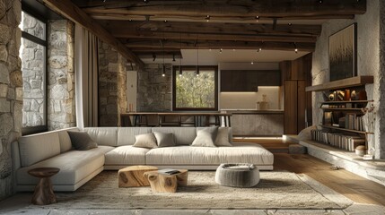 A cozy rustic living room with a minimalist design, featuring a stone accent wall and comfortable seating. The space is designed to be warm and inviting, with plenty of room for customization.